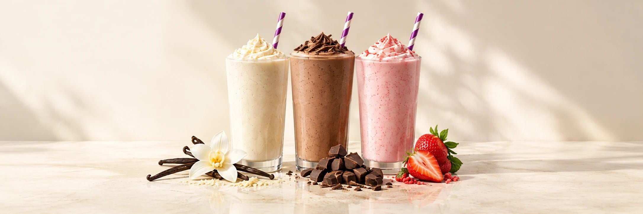 Sweet Cream, Chocolate, and Strawberry shakes with their flavor ingredients