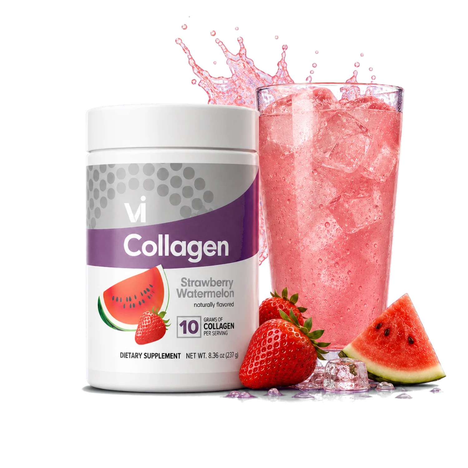 Vi Collagen with an iced Strawberry Watermelon drink and fruit