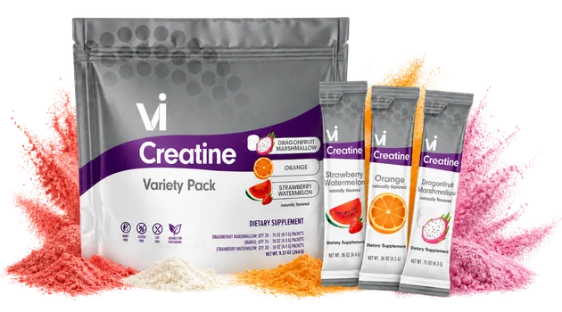 Vi Creatine variety pouch and individual Orange, Strawberry Watermelon, and Dragonfruit Marshmallow sticks