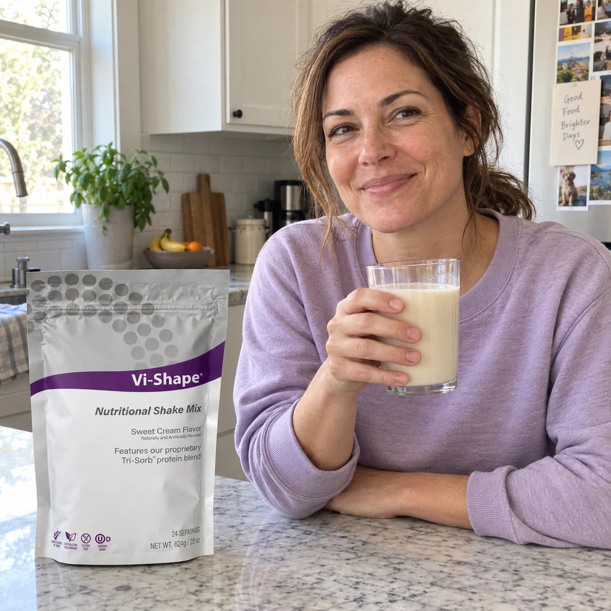 Illustrative scene of a woman holding a shake at her kitchen counter
