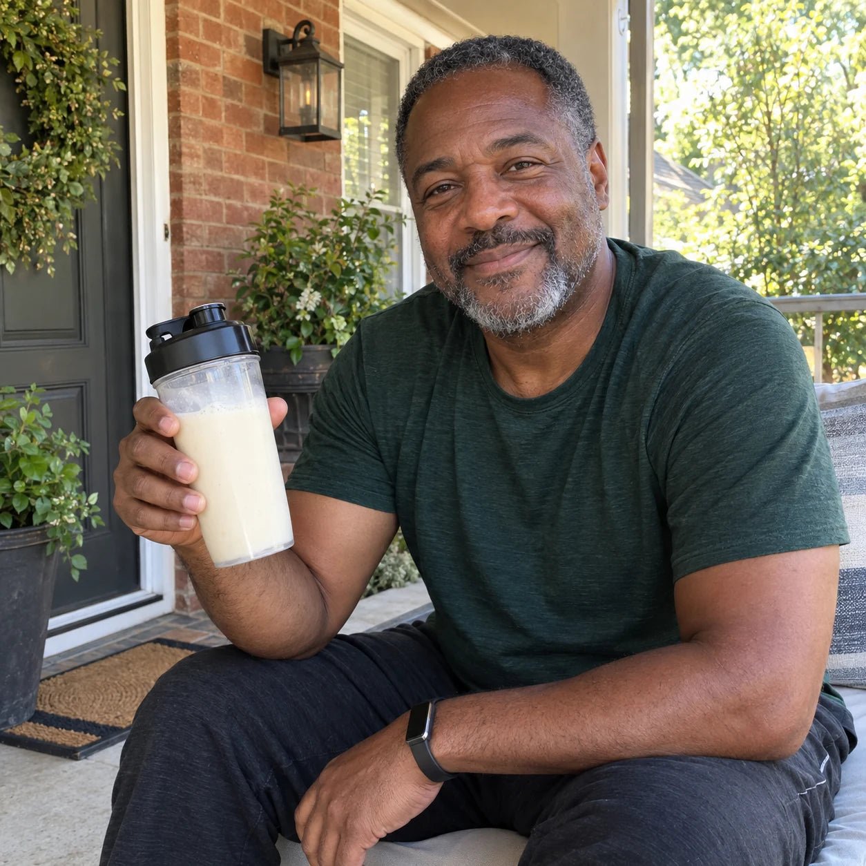 Illustrative scene of a man holding a shake on a sunny porch