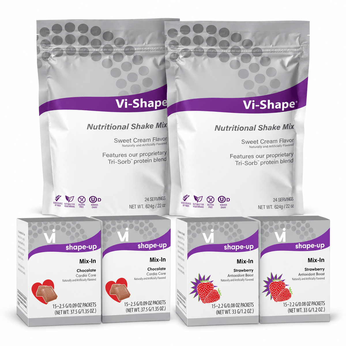 Flavor Favorites Pack: two Vi-Shape pouches and four Chocolate and Strawberry mix-in boxes