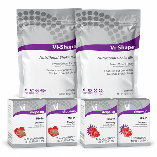 Flavor Favorites Pack: two Vi-Shape pouches and four Chocolate and Strawberry mix-in boxes