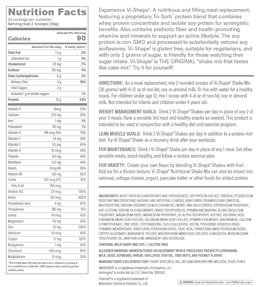 Vi-Shape nutrition facts label detailing vitamins, minerals, and macros